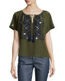 Camille Short-Sleeve Embroidered Top, Dark Olive Green