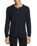 Jersey Mix-Stitch Long-Sleeve Henley T-Shirt, Coastal