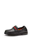 Toddler Leather Loafer with Web Detail, Black 