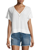 Short-Sleeve Pointelle-Trim Top, Sea Salt