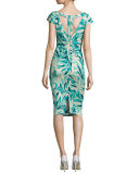 Cap-Sleeve Leaf-Print Sheath with T-Back