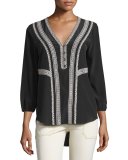 Loreto Embroidered Silk Blouse, Black