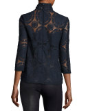 Elia Mock-Neck Lace Top, Bleu Nuit