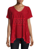 Jamie Short-Sleeve Embroidered Eyelet Top, Scarlet 