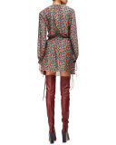 Pleated Floral-Print Tie-Detailed Dress