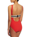 Parallel Striped Band Round-Neck One-Piece Swimsuit