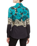 Floral Long-Sleeve Blouse, Turquoise