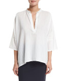 3/4-Sleeve Striped Gazar Oversized Top, White