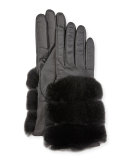 Leather Banded-Fur Gloves, Black