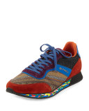 Paisley-Print Trainer Sneaker, Brown/Blue/Orange
