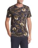 Leaf-Print Crewneck Pima Cotton T-Shirt, Navy