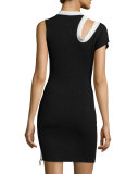 Asymmetric-Zip Sheath Dress, Black/White