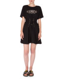 Short-Sleeve Laced Fit-and-Flare Dress, Black