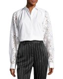 Collared Lace-Trim Poplin Shirt, White