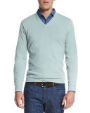 Cashmere V-Neck Sweater, Granite Green