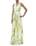 Sleeveless Accordion-Pleated Halter Gown, Lime