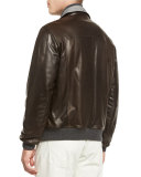 Reversible Leather & Herringbone Bomber Jacket, Espresso