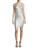 Iman Deep-V Sleeveless Bandage Dress, Silver/Combo