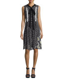 Sleeveless Daisy-Print Voile Dress, Black/Multi