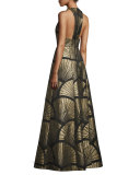 Sleeveless Metallic Scallop Racerback Gown, Black/Gold