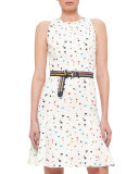 Boulder-Print Flounce-Hem Belted Dress, Cream