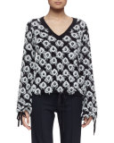 Long-Sleeve V-Neck Appliqué Pullover, Navy