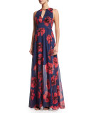 Floral-Print Open-Back Gown, Navy/Poppy