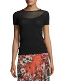 Short-Sleeve Illusion-Neck Top, Black