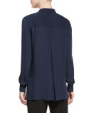 Long-Sleeve Silk Blouse, Coastal Blue