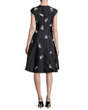 Cap-Sleeve Floral Embroidered Fit-and-Flare Jacquard Dress, Onyx