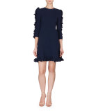 3/4-Sleeve Ruffle-Trim Dress, Navy