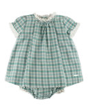 Short-Sleeve Gingham Play Dress, Aqua Blue, Size 3M-2