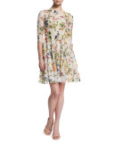 3/4-Sleeve Floral-Embroidered Dress, Multi Colors