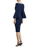 Bell-Sleeve Midi Cocktail Dress, Navy