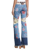 Patchwork Floral Denim Jeans, Light Blue