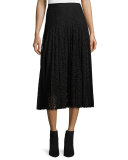 Pleated Lace Midi Skirt, Black