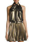 Metallic Tie-Front Halter Top, Gold