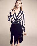 Long-Sleeve V-Neck Striped Crop Top, Stripe Print