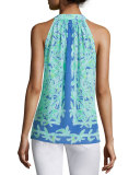 Bailey Printed Silk Halter Top, Poolside Blue