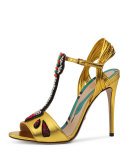 Allie Arrow-Appliqué Leather Sandal, Oro