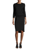3/4-Sleeve Lace-Trim Silk-Blend Sweater, Black/Black