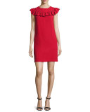 Sleeveless Crepe Ruffle-Trim Shift Dress, Ruby Rose