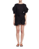 Delicia Ruffle-Trim Wrap Dress, Black