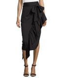 Cascading Ruffle Stretch-Poplin Midi Skirt, Black