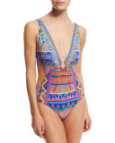 Plunge-Neck Printed Cutout One-Piece Swimsuit