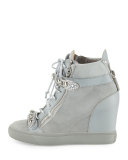 Tiana Crystal High-Top Wedge Sneaker, Gray