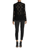 Long-Sleeve Lace Turtleneck Top, Black