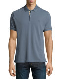 Check-Placket Piqué Polo Shirt, Stone Blue