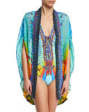 Open-Front Printed Silk Cardigan/Cape Coverup, Flightful