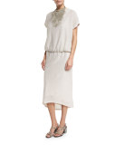Paillette Blouson Midi Evening Gown, Ivory